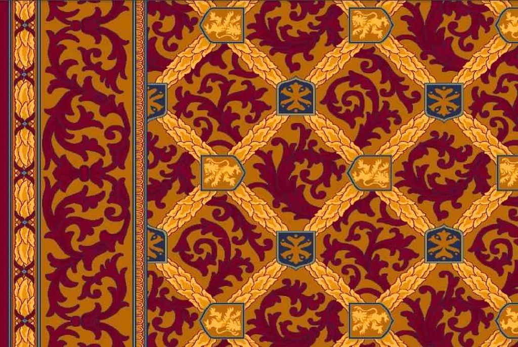 In the replicated carpeting at Shea’s Buffalo Theatre, intricate details such as heraldic shields, lions, and flowers can be seen, echoing the original design. A black-and-white photo from the theater’s early days was used to mimic this historic pattern, ensuring authenticity in the restoration.