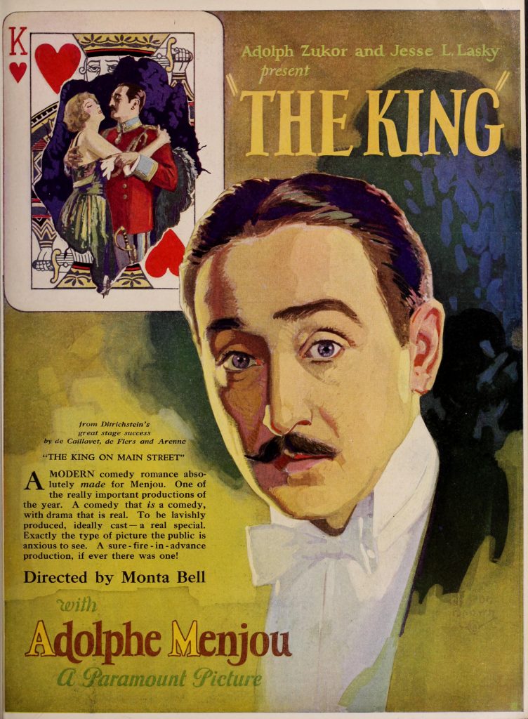 The first movie shown at Shea's Buffalo Theatre was <i>The King On Main Street</i>, starring Adolphe Menjou. Although a silent film, The King On Main Street includes two sequences filmed in early two-strip Technicolor.