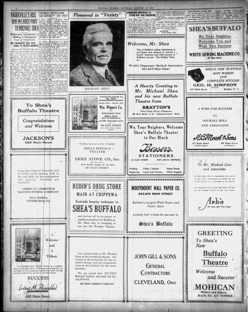 Many Buffalo businesses published ads congratulating Michael Shea and welcoming Shea's Buffalo Theatre!