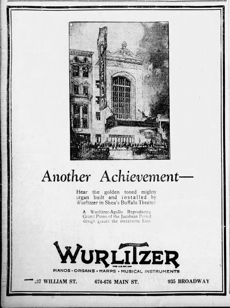 Our Mighty Wurlitzer organ was made right here in Tonawanda, NY - to celebrate, this ad was placed in <i>The Buffalo Courier</i>.
