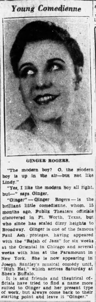 October 18, 1928 - Ginger Rogers at Shea's Buffalo