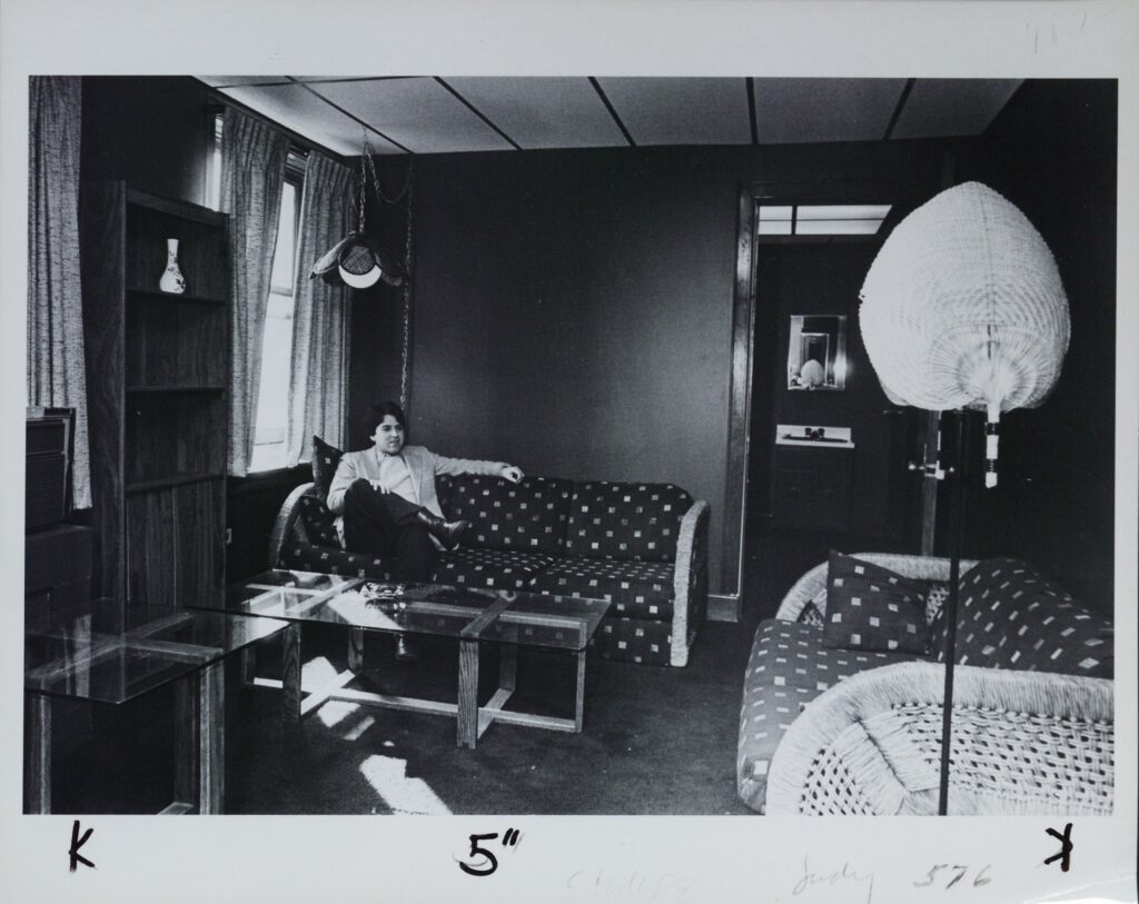 Tom Roffino in the "living room" of the Yul Brenner dressing room at Shea's Theatre Buffalo. Actor Yul Bryner performed at Shea's Buffalo in <i>The King and I</i> and as part of his contract, had the star dressing room done all in shades of brown.  The dressing room was later re-decorated to remove the brown - reportedly, Liza Minnelli hated Yul's color palette. President Patrick Fagan announced "We got as much of the brown out as we could without making major repairs."