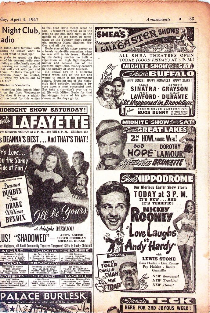 Advertisements for various Shea's theatres playing Easter Weekend