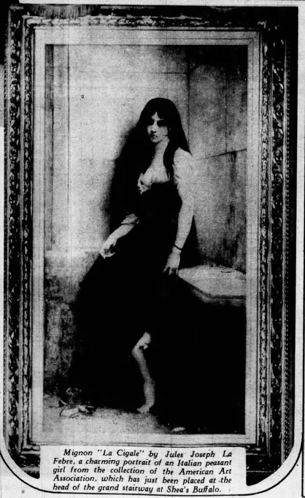 Jules Lefebvre's "Mignon" has been on display over the Grand Staircase at Shea's Buffalo Theatre since September 1926, added a few months after opening. It's origins were recently discovered thanks to <a href="https://www.theatertalkbuffalo.com/post/from-mrs-astor-s-gallery-to-shea-s-grand-staircase-the-true-story-of-mignon?utm_campaign=eb4533cb-13ab-4989-a8f9-3f6af4e6dc7f&utm_source=so&utm_medium=mail&utm_content=6f8ef316-34f5-4b18-a901-2a4274e5399d&configurationId=9f51e10b-2349-4a79-bc6f-01cac1517817&actionId=22f81185-0499-4063-ad0f-00add4e1f801&cid=e3a04faf-9914-45a2-ae1c-5811971c6ef6">Anthony Chase</a>, as originally belonging to the Astors' family and was purchased by Michael Shea from an auction. 
