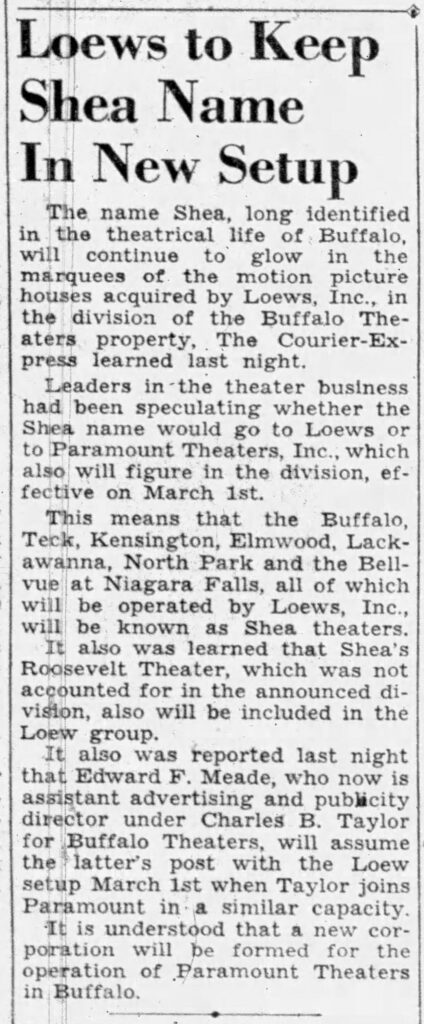 Following the fallout of United States vs. Paramount Pictures, the Shea's theater chain was divided and sold off, with Shea's Buffalo Theatre acquired by Leon Lawrence Siddell of Loews Inc.