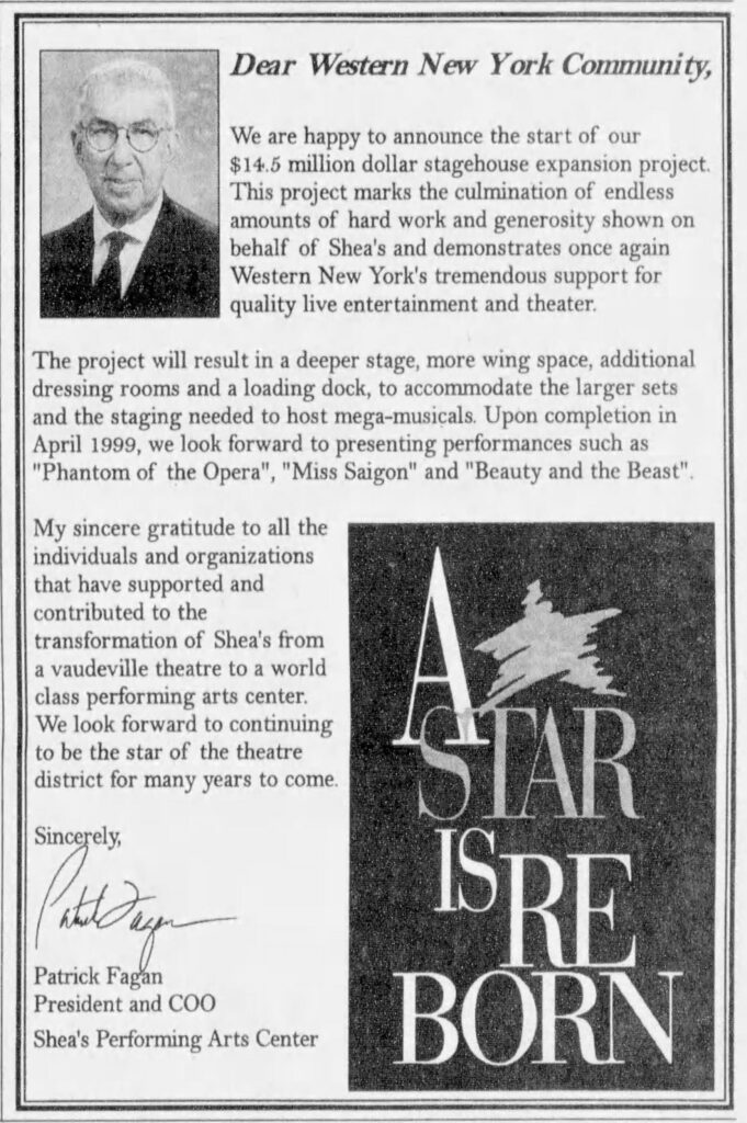 Patrick Fagan led the charge: if Shea's was going to join the "major entertainment leagues", we would need a major stagehouse expansion.