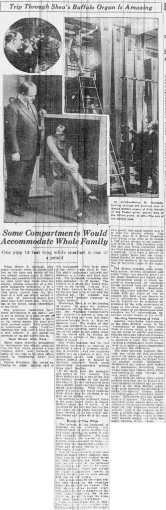 A rare behind-the-scenes article about the Wurlitzer organ at Shea's Buffalo Theatre with organist Henry B. Murtagh!