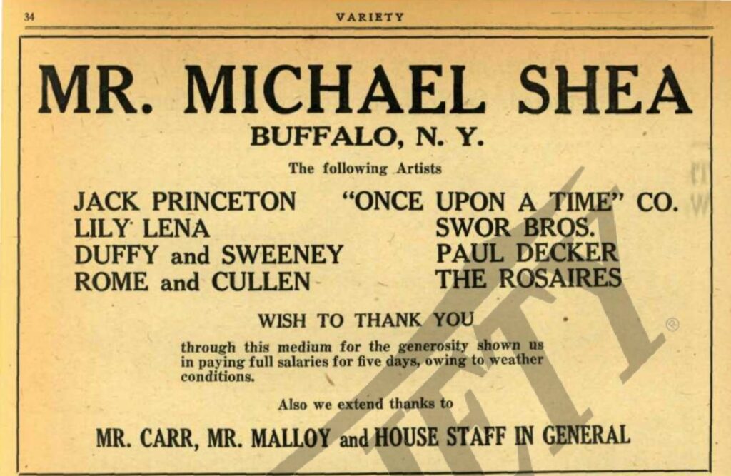 Michael Shea was known for his generosity - this advertisement was taken out in Variety in 1920 by a cast of performers to show their appreciation.
