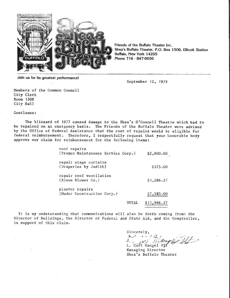 A letter to the Common Council written by Curt Mangel seeking federal assistance for repairs following the Blizzard of '77.