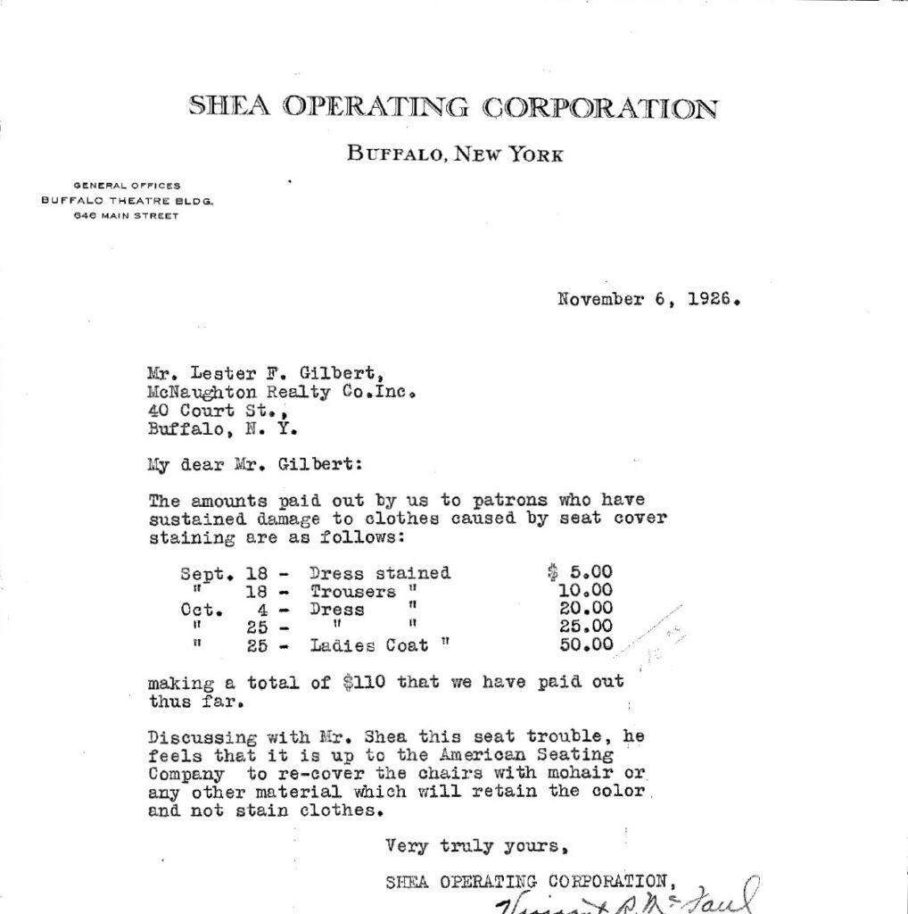 It would take nearly two years and lots of letters back and forth before the American Seating Company would replace our red-staining seats. 