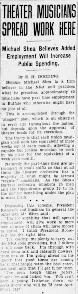 The "NRA" referred to in this article stands for the National Recovery Administration, an agency established President Roosevelt in response to the Great Depression. By December 1933, the national unemployment rate was at 24.9% but Mike Shea insisted on keeping his theaters fully staffed during these hard times.