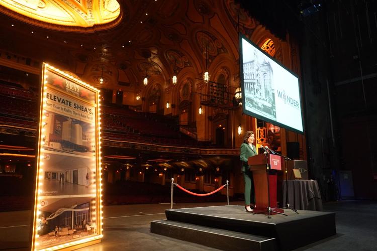 New York Gov. Kathy Hochul speaks from the stage at Shea’s Buffalo Theatre.